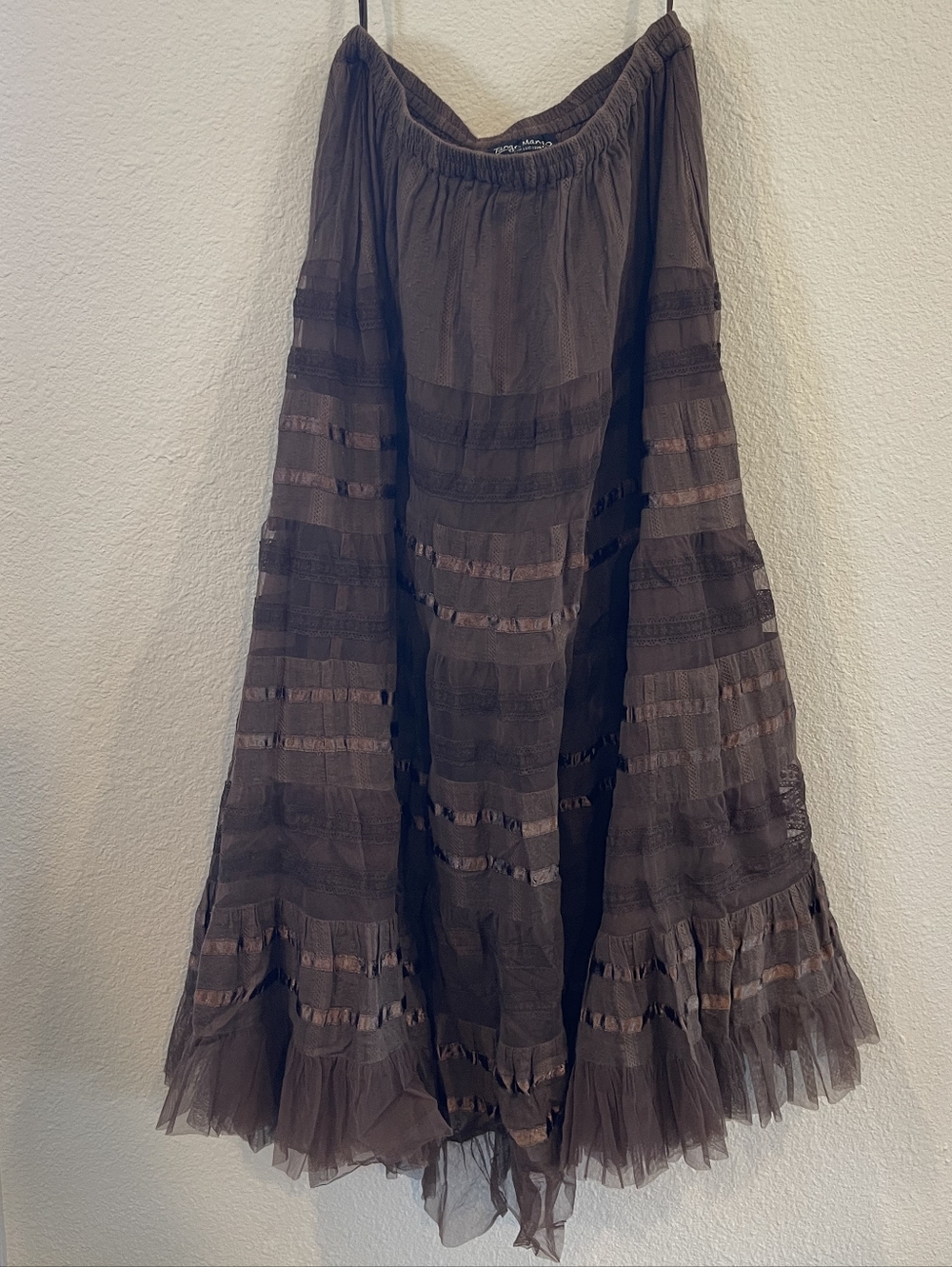 Tango‎ Mango Womens Brown Pull On Tiered Lace Ruffle Satin Trim Maxi Skirt SZ SM